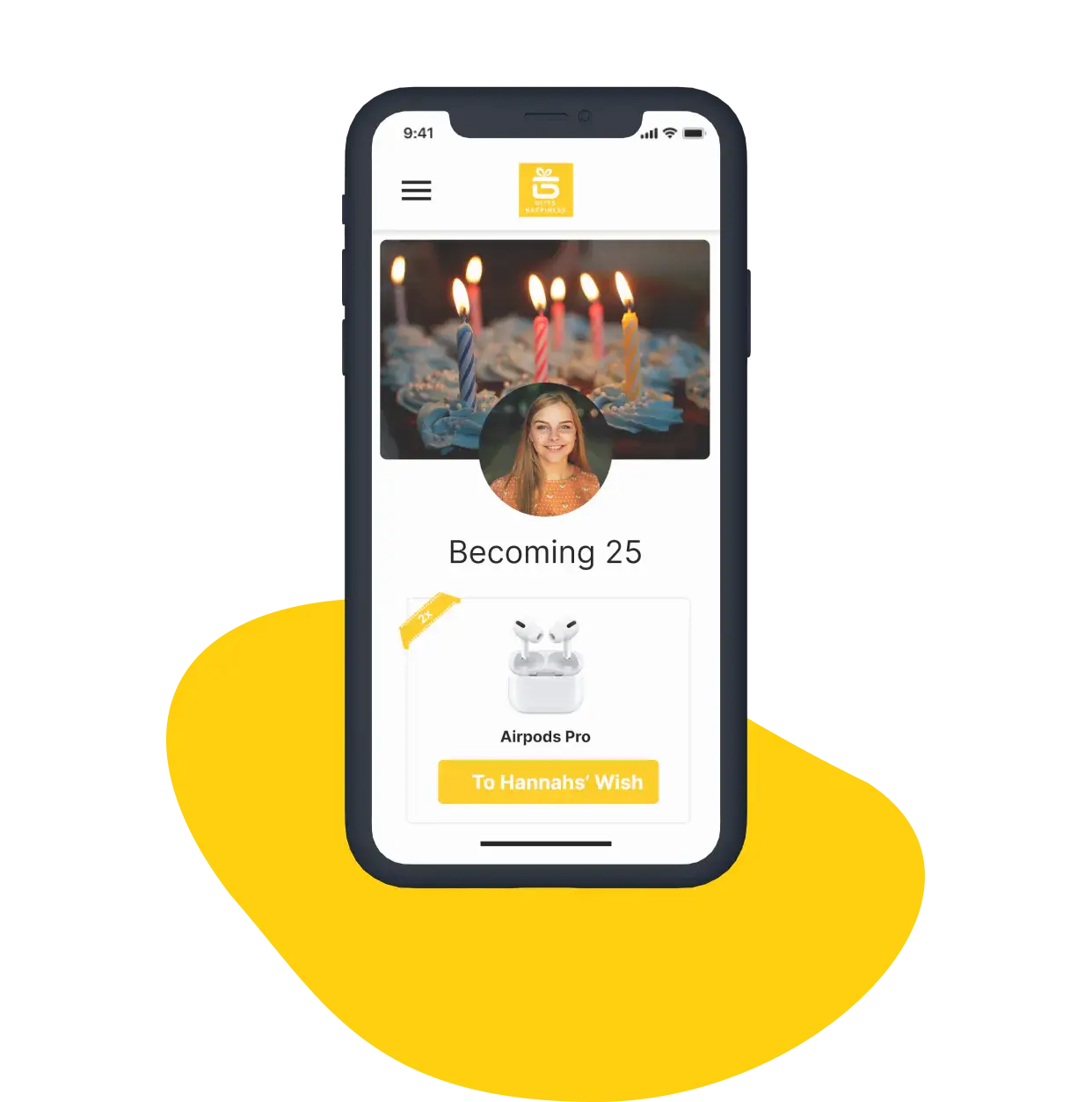 smartphone displaying the Giftshappiness birthday wish list
