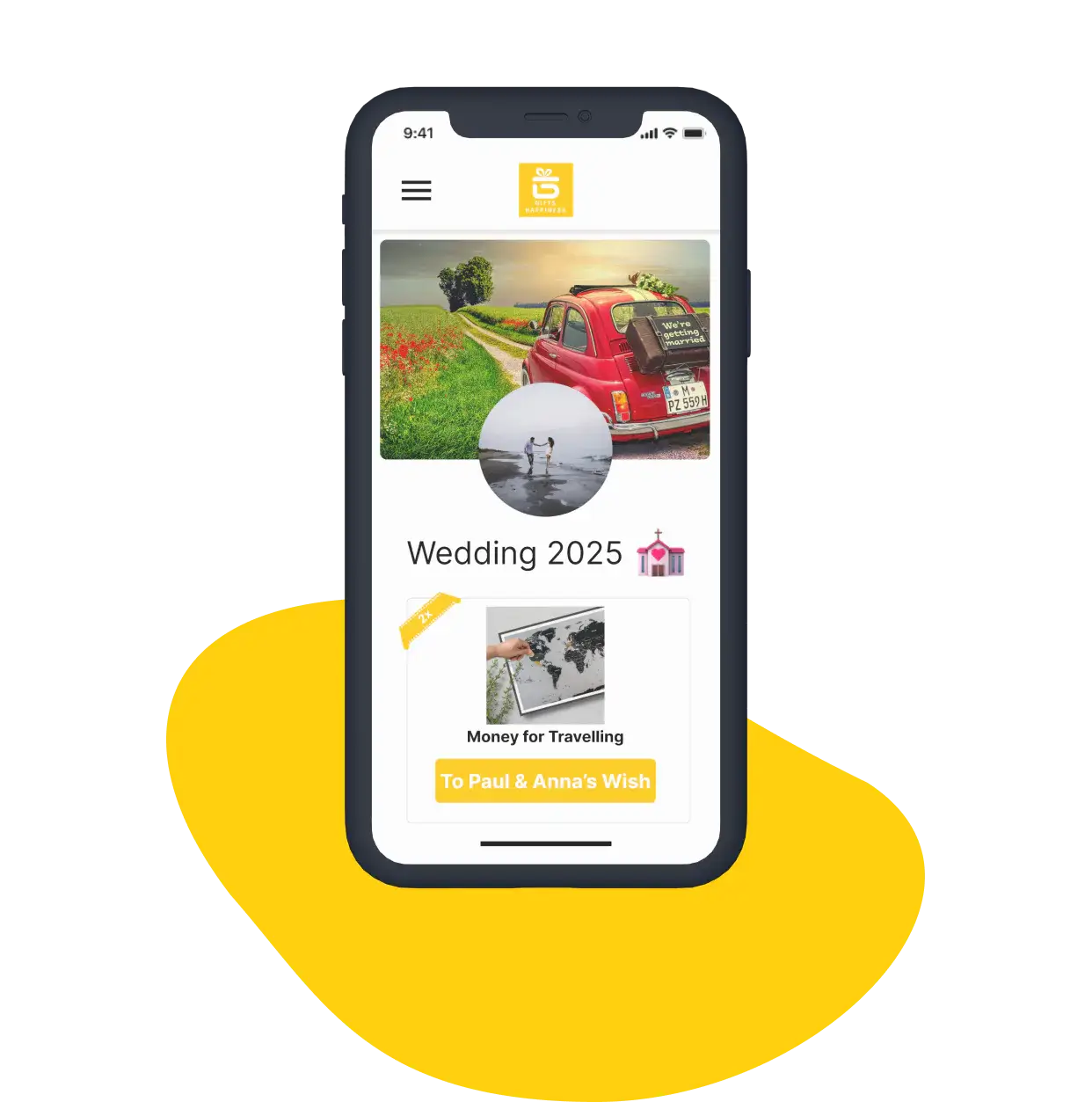 smartphone zobrazující seznam svatebních přání Giftshappiness
